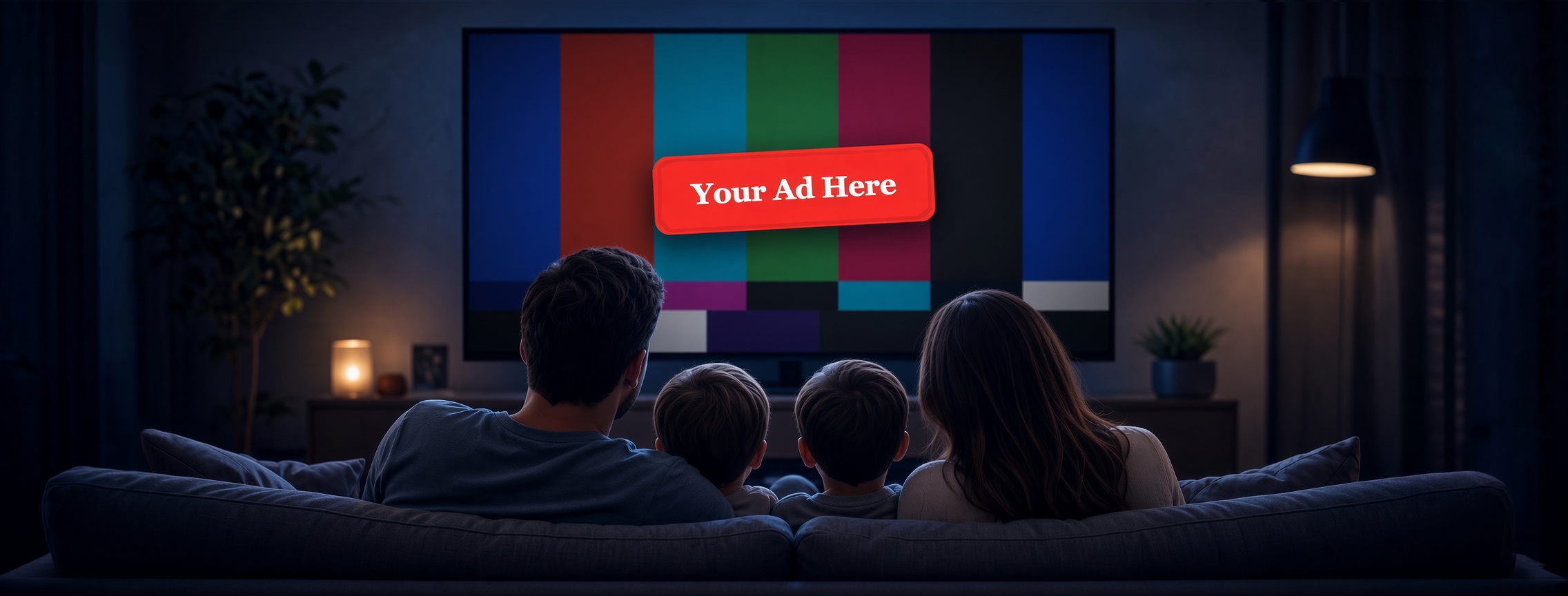 Family watching TV with a Your Ad Here placeholder on screen
