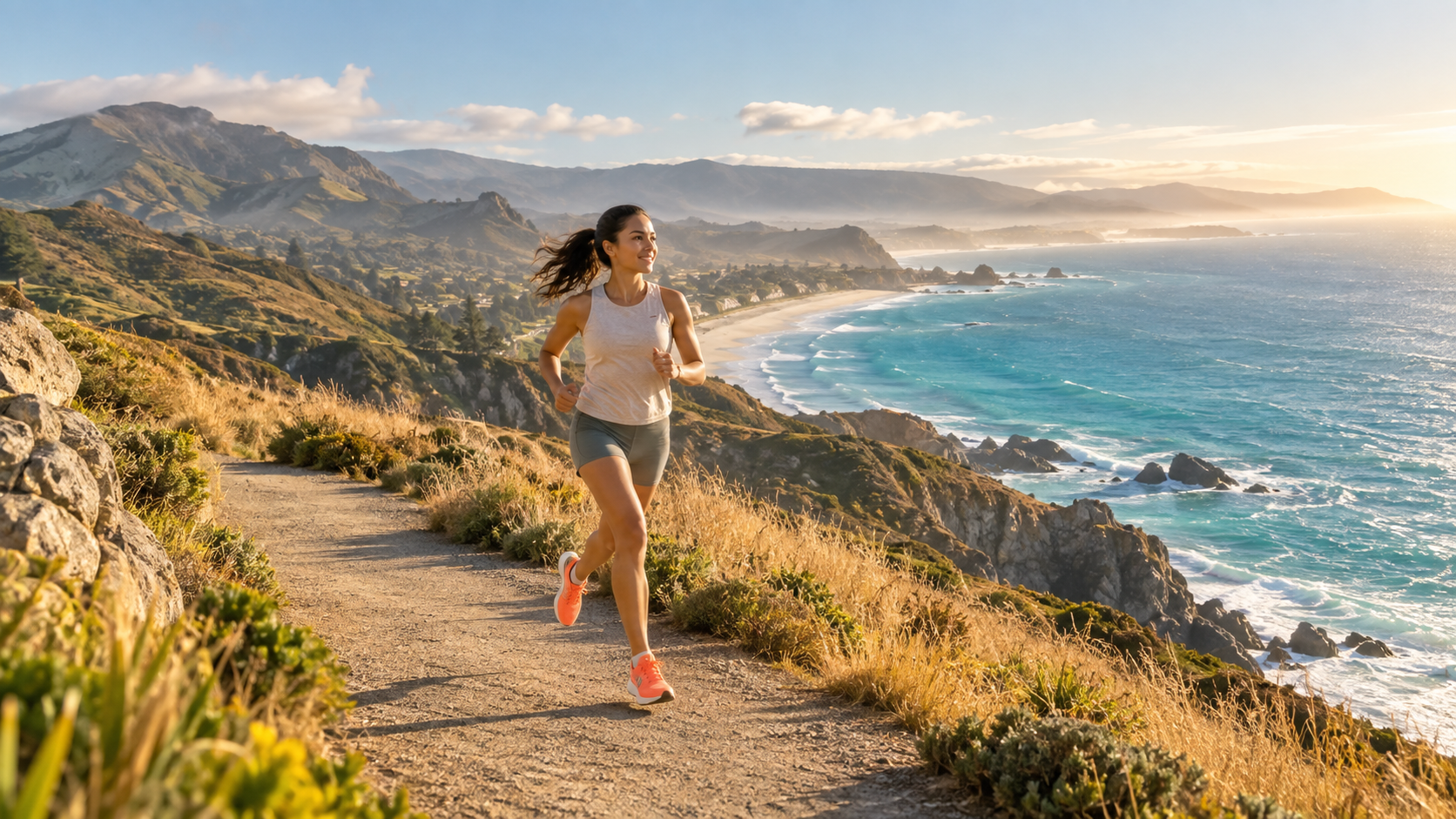 Runner on a sunlit coastal trail