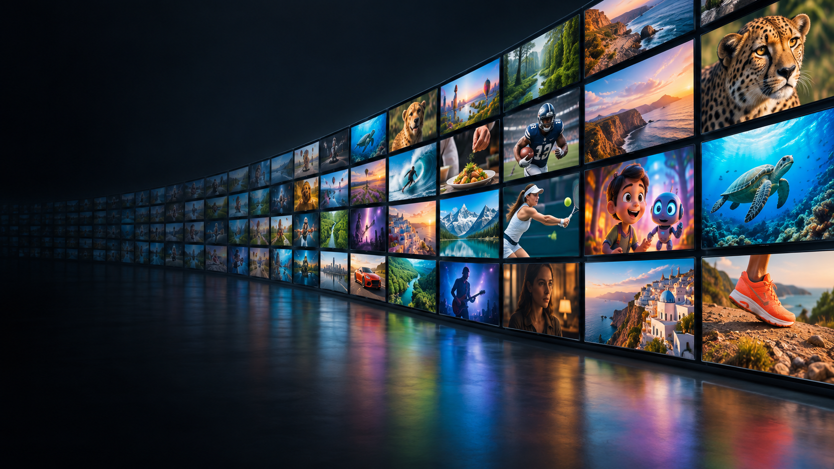 A sweeping curved wall of televisions showing varied sports, food, nature, entertainment and a running-shoe ad
