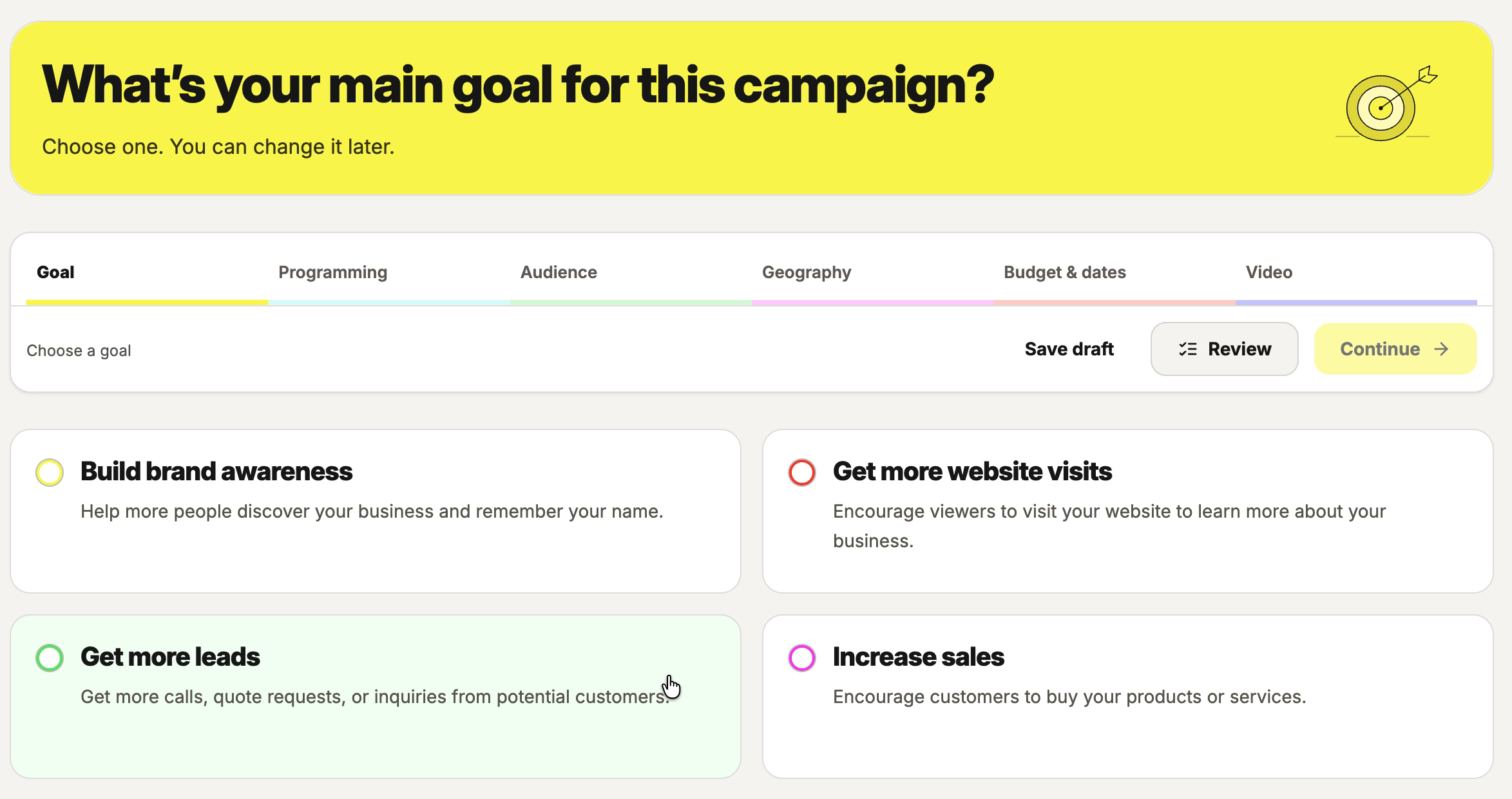 Actual Substation campaign goal screen with awareness, website visits, leads and sales options